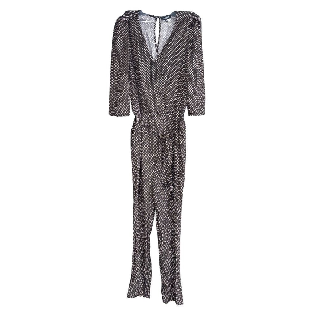 1.State Womens Black & White Polka Dot Jumpsuit With Tie Waist & V-Neck Size S